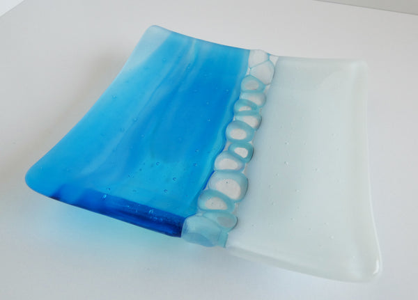 Fused Glass Murrini Plate in Streaky Turquoise and White