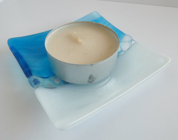 Fused Glass Murrini Plate in Streaky Turquoise and White