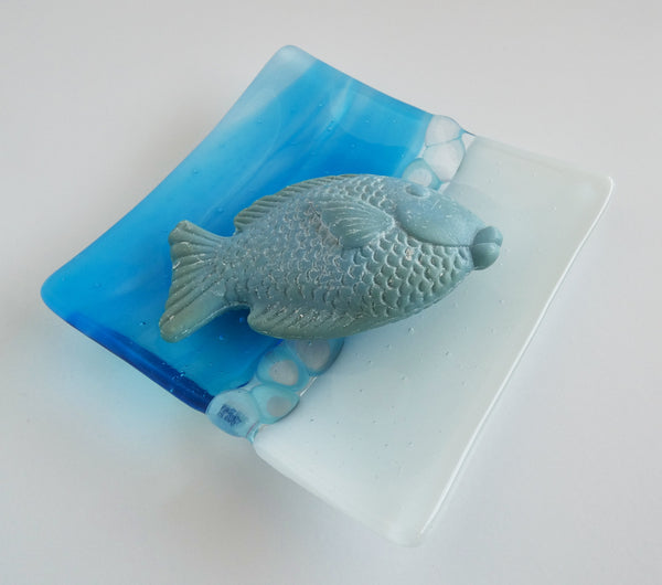 Fused Glass Murrini Plate in Streaky Turquoise and White