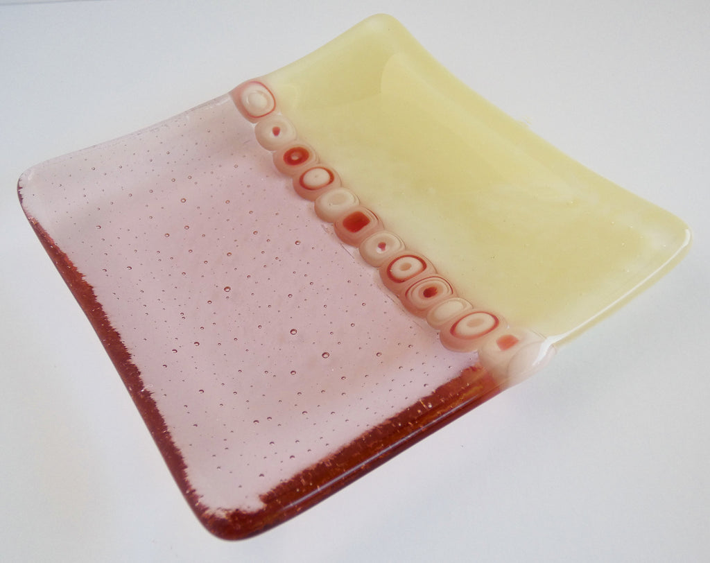 Fused Glass Murrini Plate in Coral and Cream