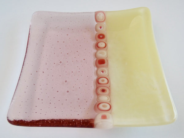 Fused Glass Murrini Plate in Coral and Cream
