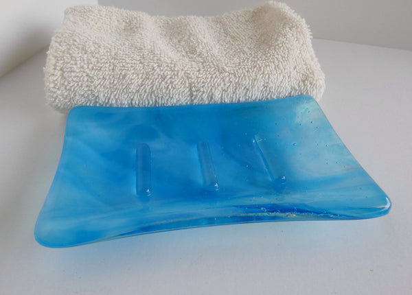 Fused Glass Soap Dish in Streaky Turquoise Blue and White