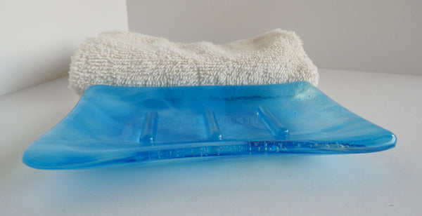 Fused Glass Soap Dish in Streaky Turquoise Blue and White