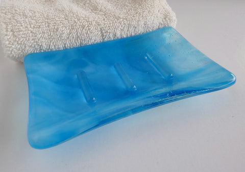 Fused Glass Soap Dish in Streaky Turquoise Blue and White
