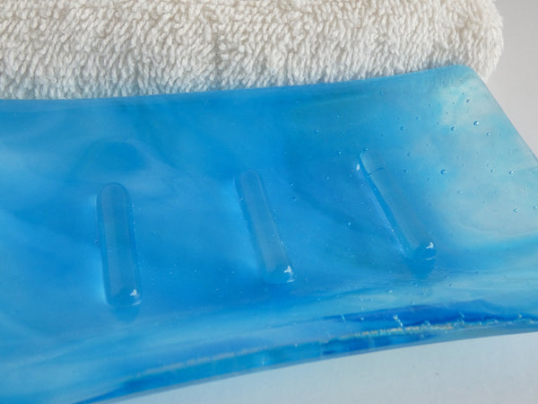 Fused Glass Soap Dish in Streaky Turquoise Blue and White