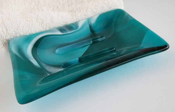 Large Fused Glass Soap Dish in Streaky Peacock Blue and White