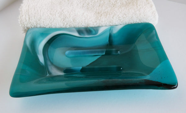 Large Fused Glass Soap Dish in Streaky Peacock Blue and White