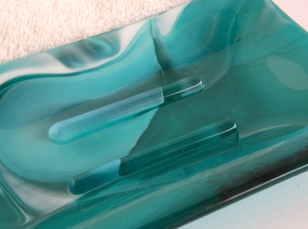 Large Fused Glass Soap Dish in Streaky Peacock Blue and White