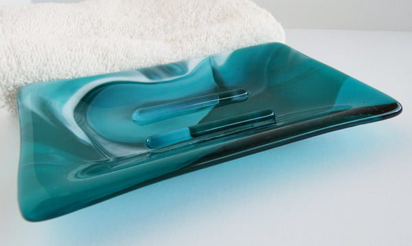 Large Fused Glass Soap Dish in Streaky Peacock Blue and White
