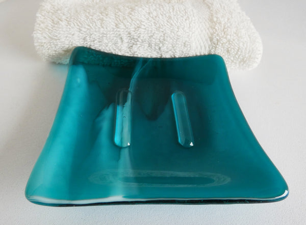 Fused Glass Square Soap Dish in Peacock Blue and White