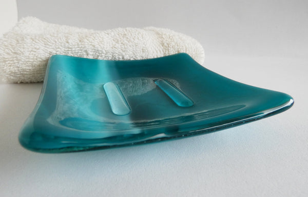 Fused Glass Square Soap Dish in Streaky Peacock Blue