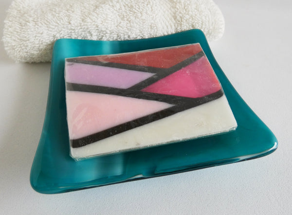 Fused Glass Square Soap Dish in Streaky Peacock Blue