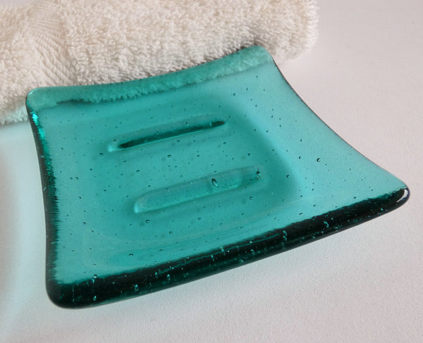 Fused Glass Square Soap Dish in Light Aqua