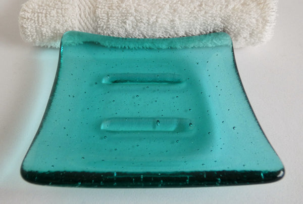 Fused Glass Square Soap Dish in Light Aqua