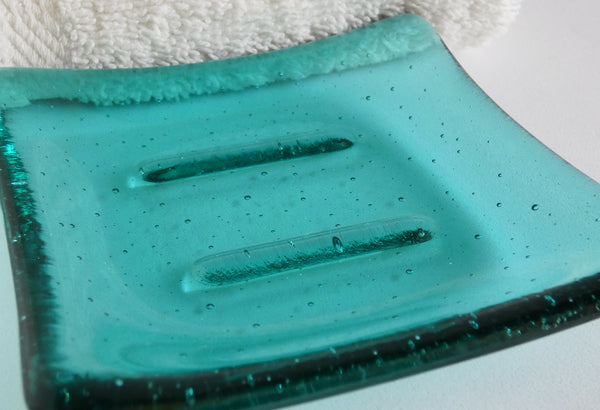 Fused Glass Square Soap Dish in Light Aqua