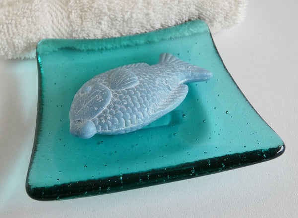 Fused Glass Square Soap Dish in Light Aqua