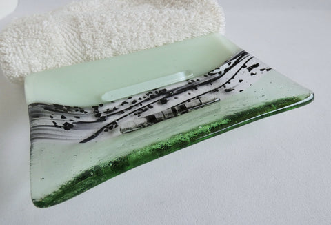Large Fused Glass Soap Dish in Chalk and Pale Green
