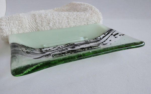 Large Fused Glass Soap Dish in Chalk and Pale Green