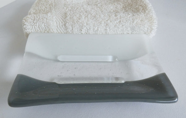Large Fused Glass Soap Dish in Gray and White