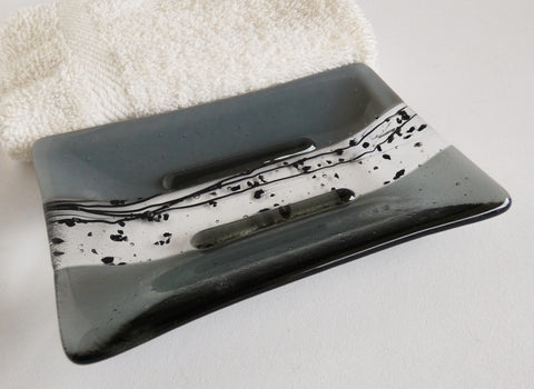 Large Fused Glass Soap Dish in Gray and Silver