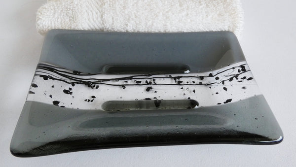 Large Fused Glass Soap Dish in Gray and Silver