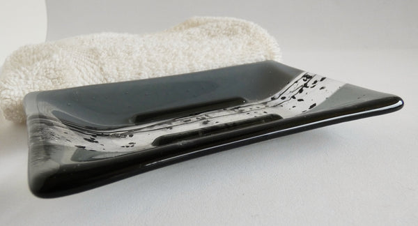 Large Fused Glass Soap Dish in Gray and Silver