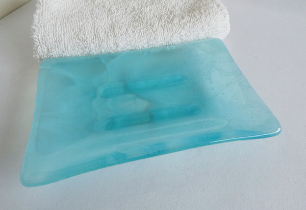 Spa Style Large Fused Glass Soap Dish in Streaky Aqua
