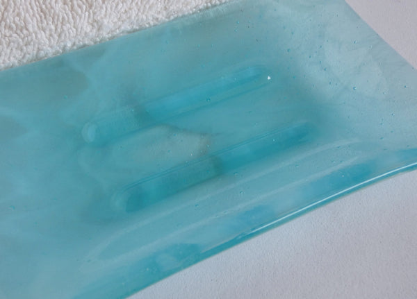 Spa Style Large Fused Glass Soap Dish in Streaky Aqua