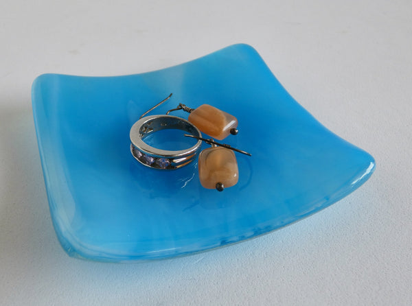 Turquoise Blue and White Streaky Fused Glass Dish