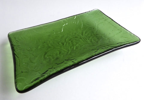 Fused Glass Floral Imprint Dish in Light Green