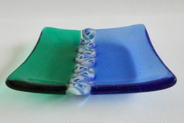 Fused Glass Murrini Plate in Emerald Green and Light Sky Blue
