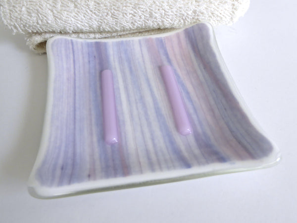 Fused Glass Square Soap Dish in Pink, Blue and White