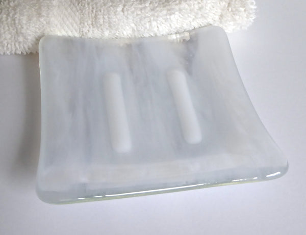 Fused Glass Square Soap Dish in Streaky White