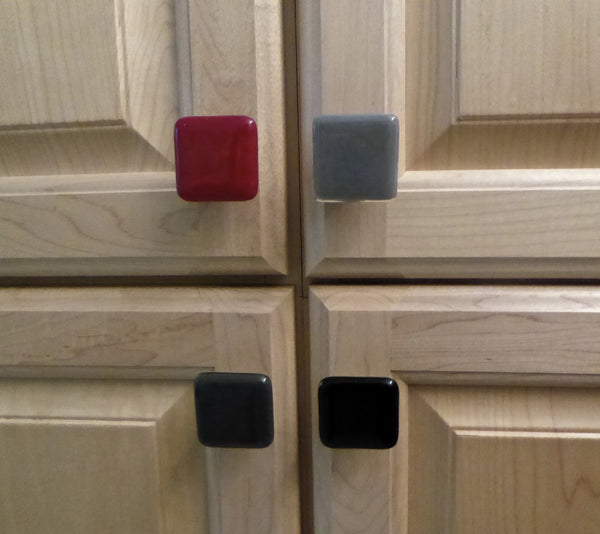 Fused Glass Cabinet Door Knobs in Red, Black and Grays-4