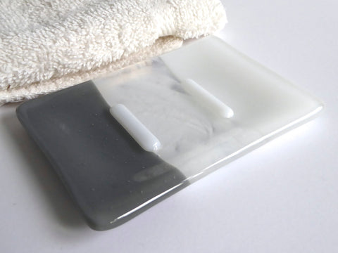 Fused Glass Soap Dish in White and Gray