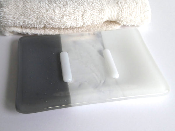 Fused Glass Soap Dish in White and Gray