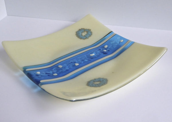 Fused Glass Plate in Turquoise and French Vanilla-1