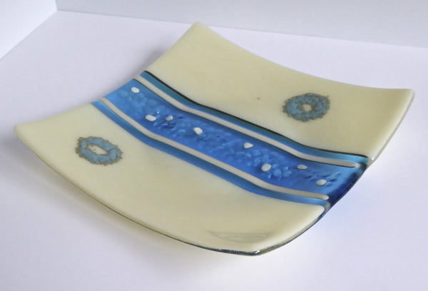 Fused Glass Plate in Turquoise and French Vanilla-3