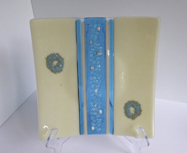 Fused Glass Plate in Turquoise and French Vanilla-5