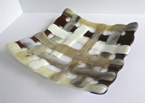 Fused Glass Woven Plate in French Vanilla and Brown-1