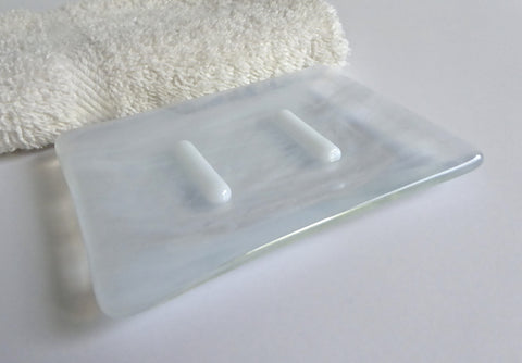 Streaky White Fused Glass Soap Dish 