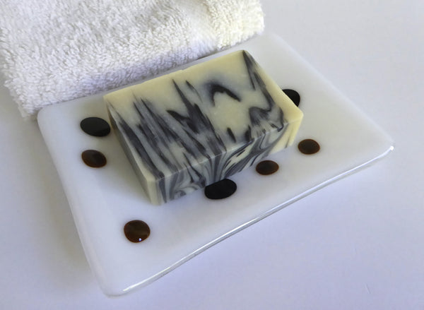 Large Fused Glass Soap in White with Black and Brown Dots