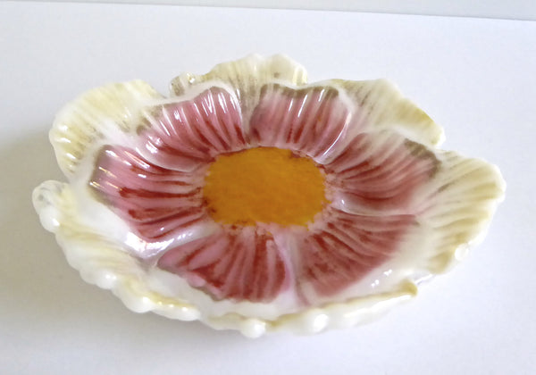 Coral, Cream and Yellow Fused Glass Flower Dish-1