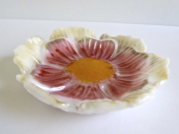 Coral, Cream and Yellow Fused Glass Flower Dish-2