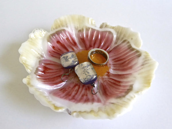 Coral, Cream and Yellow Fused Glass Flower Dish-3