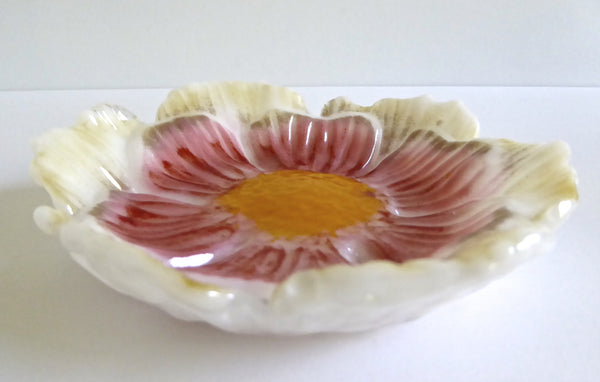 Coral, Cream and Yellow Fused Glass Flower Dish-4