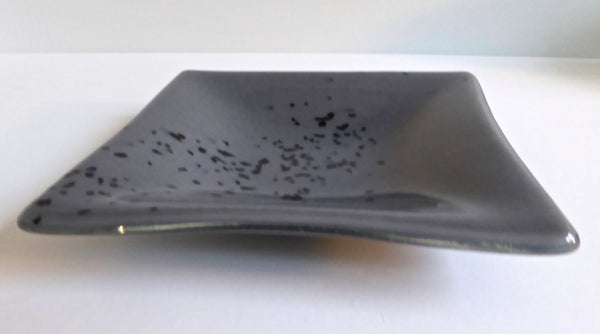 Fused Glass Dish in Gray with Aventurine Blue Decor