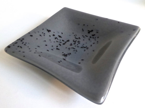 Fused Glass Dish in Gray with Aventurine Blue Decor