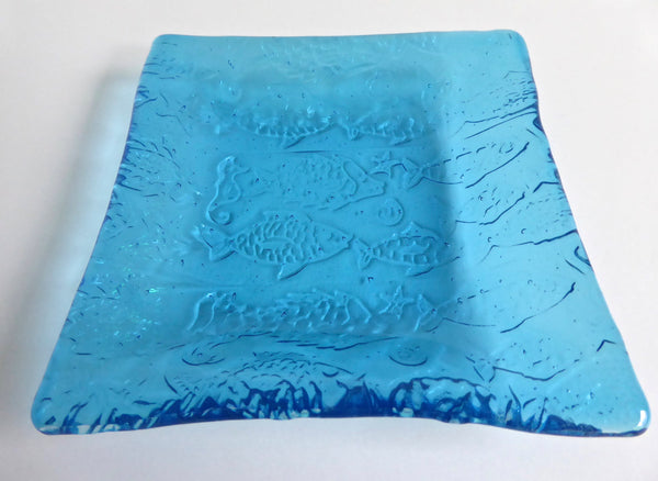 School of Fish Fused Glass Dish in Shimmering Turquoise