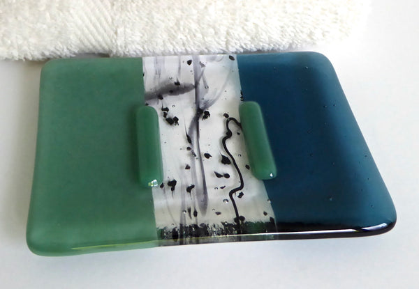 Sea Blue and Mineral Green Fused Glass Soap Dish